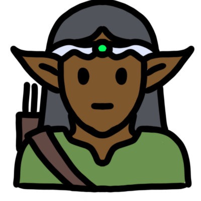 An elf with brown skin, straight grey hair, and a neutral expression, wearing a green tunic, brown leather archery quiver, and silver circlet with a green gem.